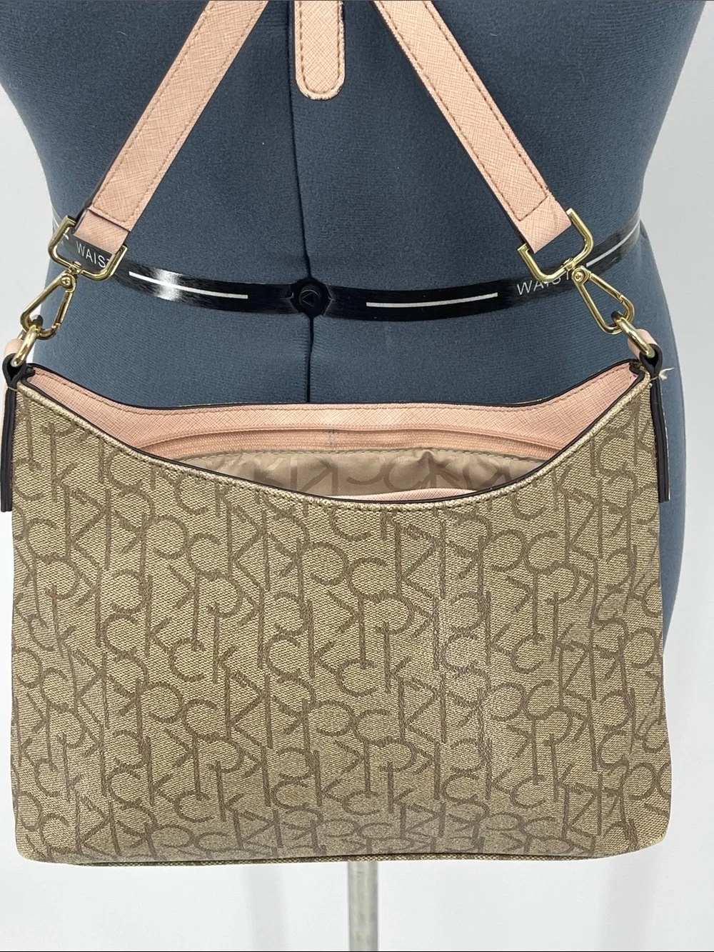 Calvin Klein Beige Monogram Crossbody with Pink Trim